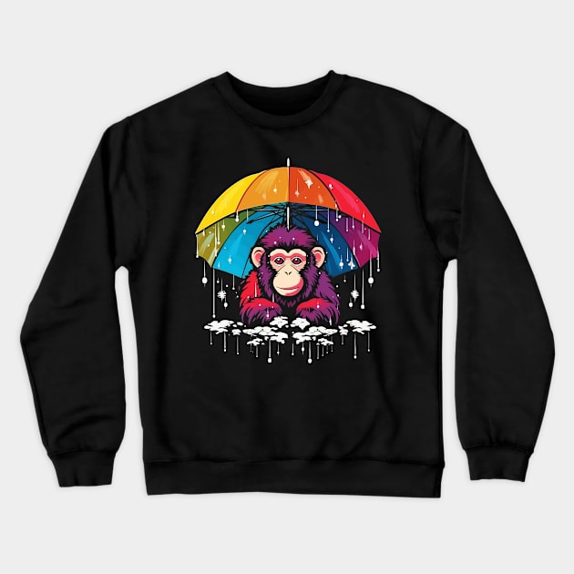 Snow Monkey Rainy Day With Umbrella Crewneck Sweatshirt by JH Mart